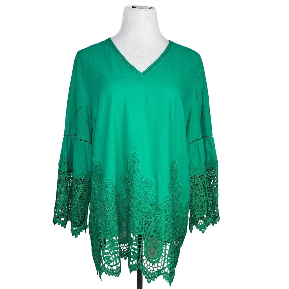 Chico's Green Cotton Crochet Lace Boho V-Neck Bell Sleeve Tunic Top Size 2 L